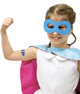Girl superhero shows off bandage.