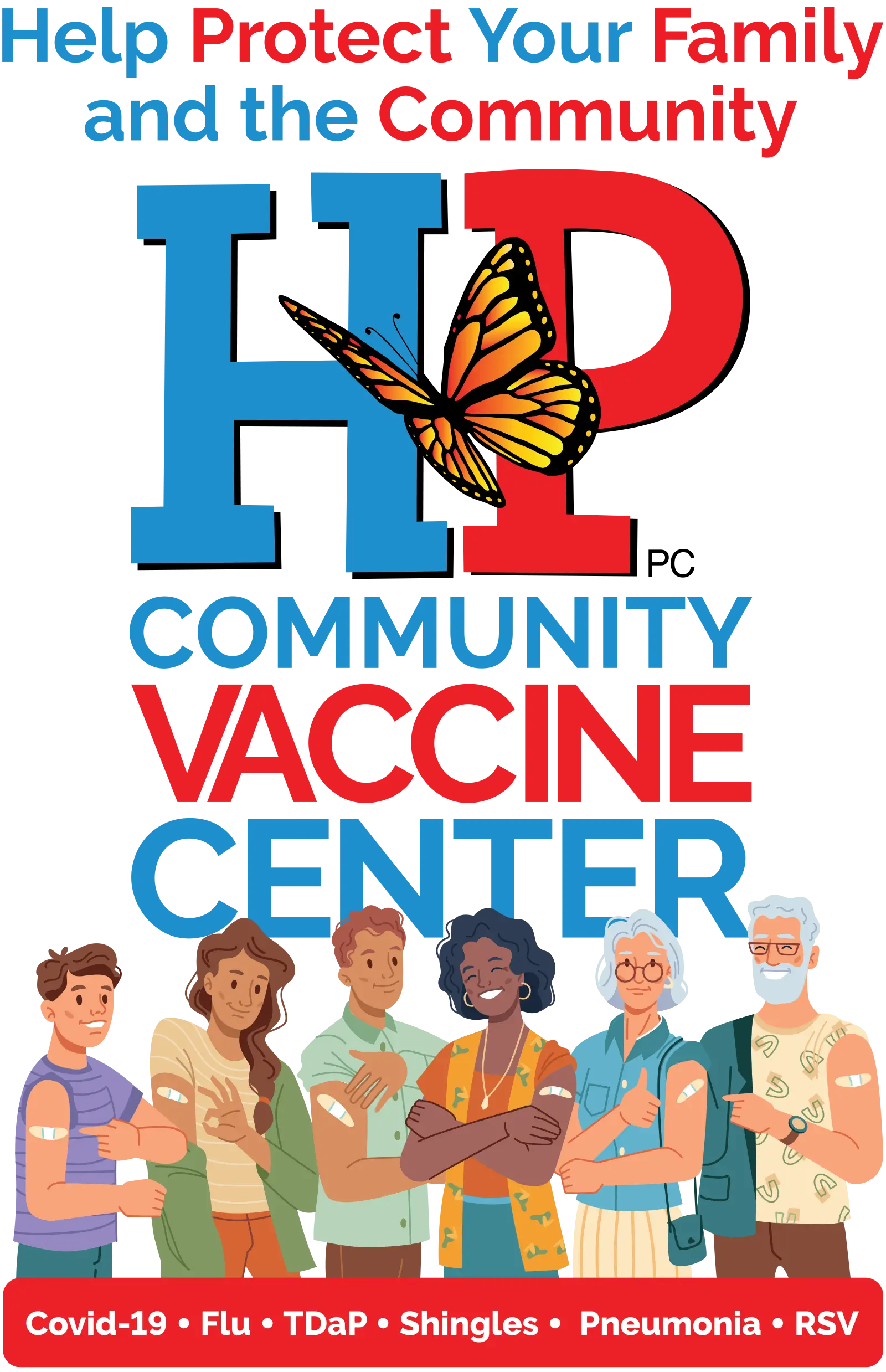 Community vaccine center poster with diverse people Community vaccine center poster with diverse people